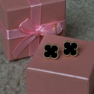 4 clover leaf charm stud earrings, black and gold earrings